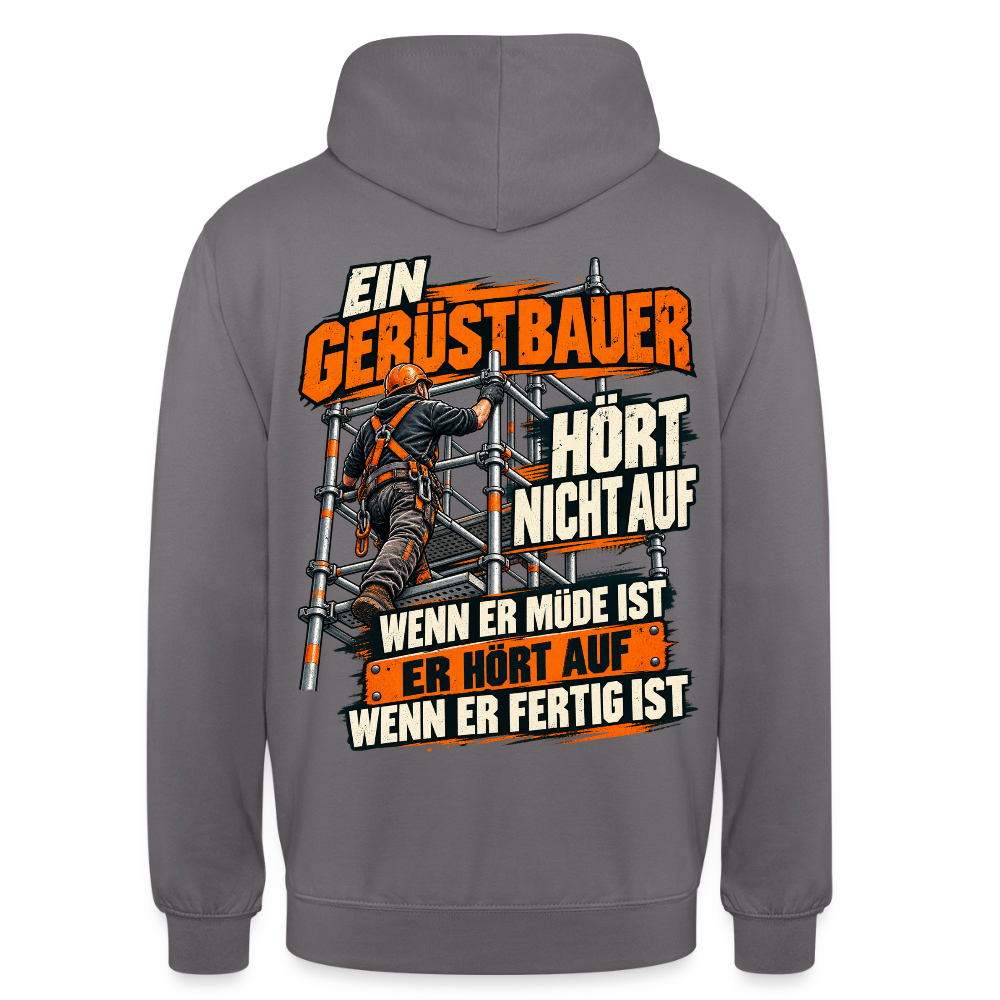 Ein Gerüstbauer hört nicht auf – Gerüstbauer Hoodie in Mittelgrau, Rückendruck: Gerüstbauer klettert das Gerüst hoch, Spruch „Ein Gerüstbauer hört nicht auf, wenn er müde ist – er hört auf, wenn er fertig ist“