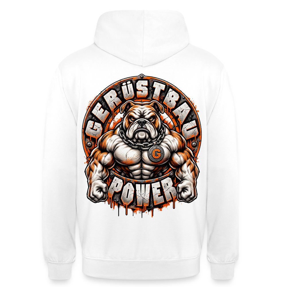 Gerüstbau Power – Gerüstbauer Hoodie in Weiß, Rückendruck: muskulöse Bulldogge mit Kette und G-Medaillon, Schriftzug „Gerüstbau Power“
