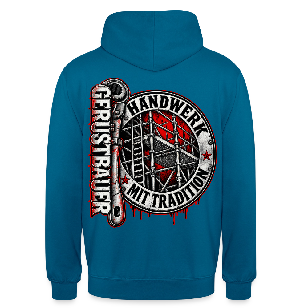 Gerüstbauer Ratsche Badge – Gerüstbauer Hoodie in Tiefseeblau, Rückendruck: rundes Gerüst-Abzeichen „Handwerk mit Tradition“ und große Ratsche mit Schriftzug „Gerüstbauer“