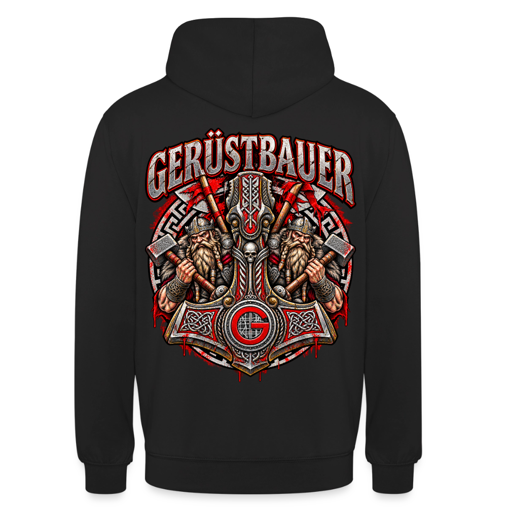 Gerüstbauer Thors Hammer – Gerüstbauer Hoodie in Schwarz, Rückendruck: Thors Hammer mit G-Zunftzeichen und zwei Wikingern, Schriftzug „Gerüstbauer“