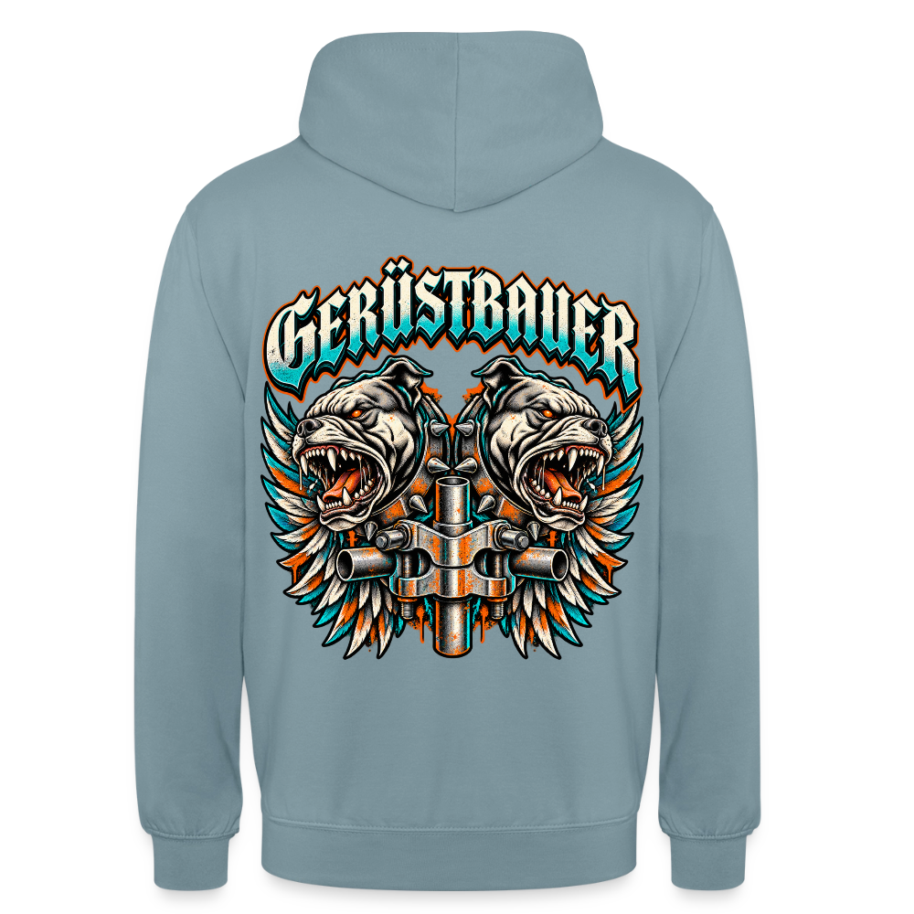 Gerüstbauer Dogs – Gerüstbauer Hoodie in Nebelblau, Rückendruck: zwei knurrende Bulldoggen mit Flügeln und Gerüstkupplung, Schriftzug „Gerüstbauer“