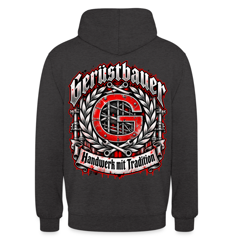Gerüstbauer Zunft Wappen – Gerüstbauer Hoodie in Anthrazit, Rückendruck: rotes G-Zunftwappen mit Gerüst im Lorbeerkranz, Frakturschrift „Gerüstbauer“, Banner „Handwerk mit Tradition“