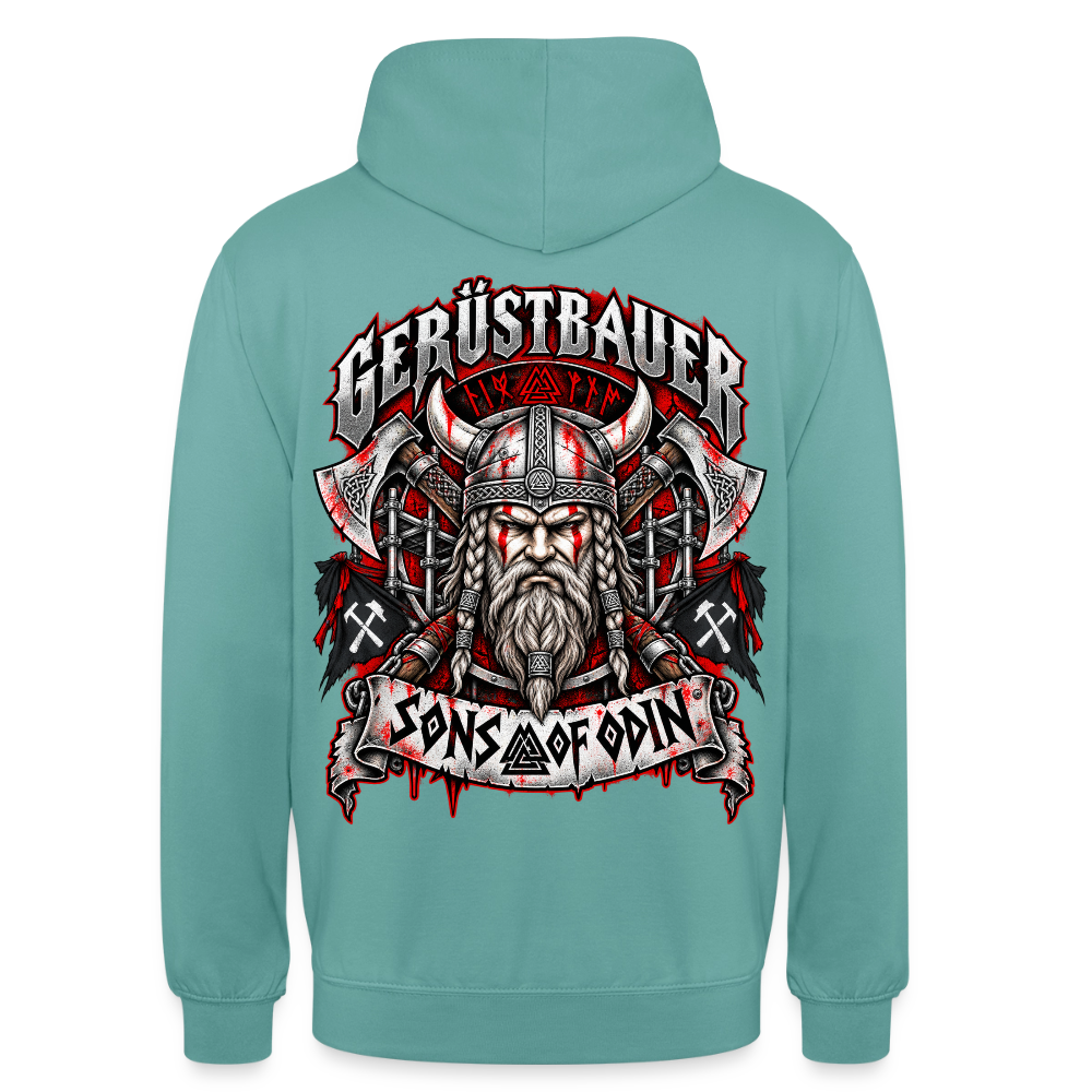 Gerüstbauer Viking – Gerüstbauer Hoodie in Pastelltürkis, Rückendruck: Wikinger-Krieger mit Hörnerhelm und Äxten, Banner „Sons of Odin“