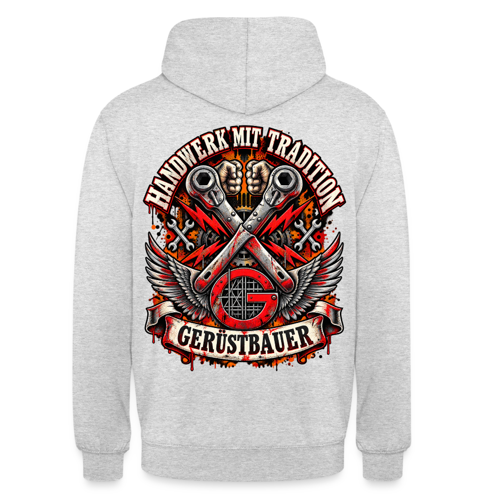 Gerüstbauer Handwerk mit Tradition – Gerüstbauer Hoodie in Hellgrau meliert, Rückendruck: gekreuzte Ratschen mit Flügeln über rotem G-Zunftzeichen, Schriftzug „Handwerk mit Tradition“ und Banner „Gerüstbauer“
