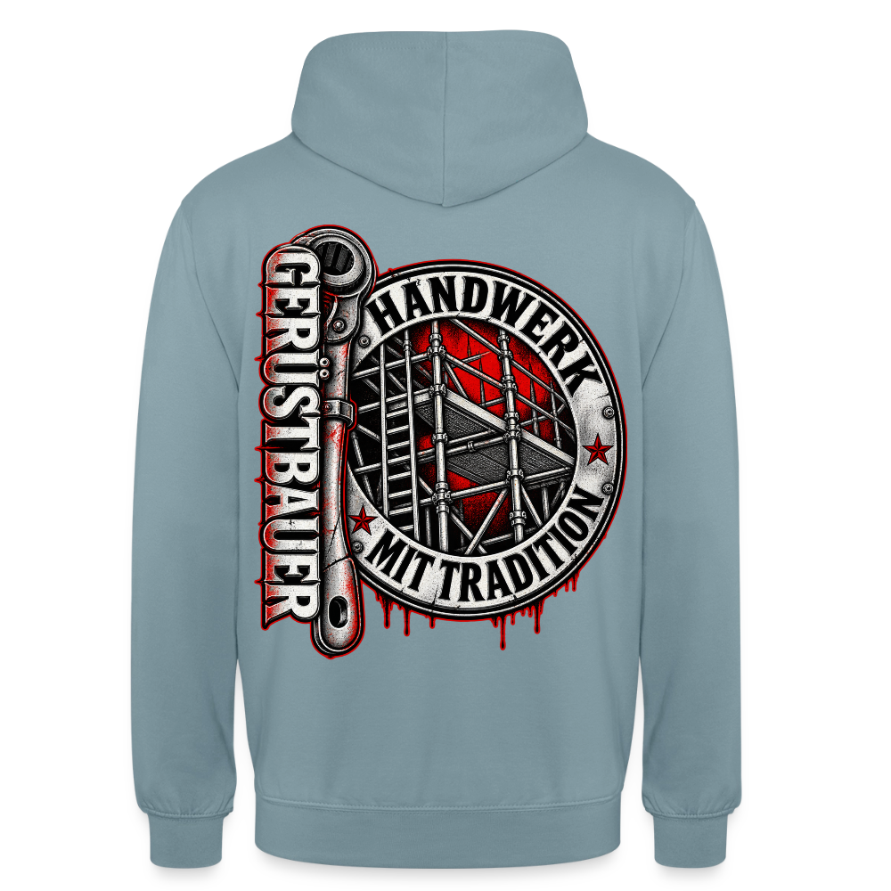 Gerüstbauer Ratsche Badge – Gerüstbauer Hoodie in Nebelblau, Rückendruck: rundes Gerüst-Abzeichen „Handwerk mit Tradition“ und große Ratsche mit Schriftzug „Gerüstbauer“
