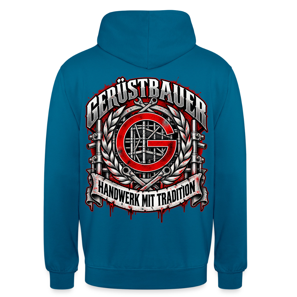 Gerüstbauer Zunftzeichen – Gerüstbauer Hoodie in Tiefseeblau, Rückendruck: rotes G-Zunftzeichen mit Gerüst, Lorbeerkranz, Ratschen und Banner „Handwerk mit Tradition“
