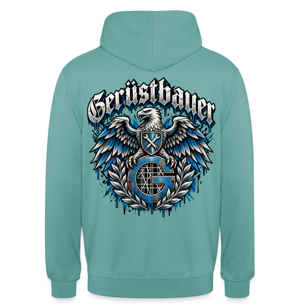 Gerüstbauer Adler Zunftwappen – Gerüstbauer Hoodie in Pastelltürkis, Rückendruck: Adler mit Wappenschild über blauem G-Zunftzeichen und Lorbeerkranz, Frakturschrift „Gerüstbauer“