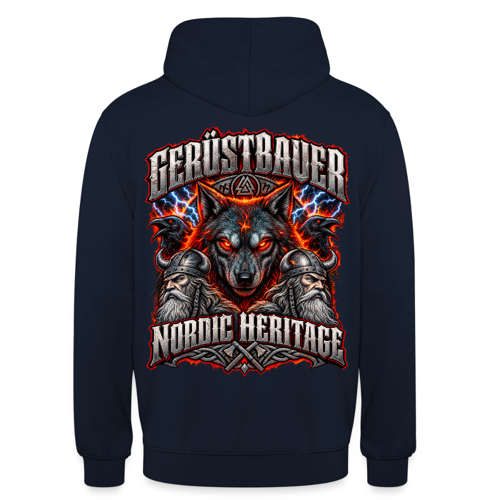 Gerüstbauer Nordic Heritage – Gerüstbauer Hoodie in Navy, Rückendruck: Wolf vor Flammen und Blitzen, zwei Raben, Wikinger und Schriftzug „Nordic Heritage“
