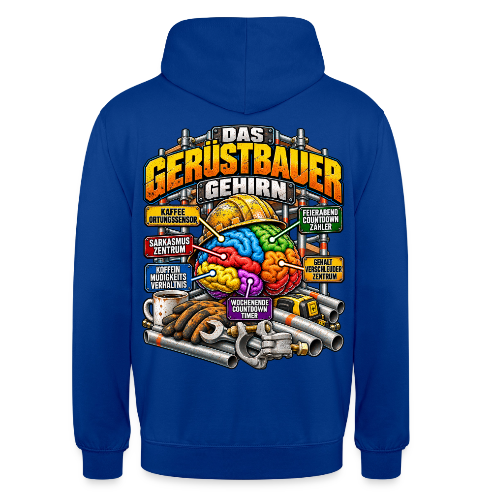 Das Gerüstbauer Gehirn – Gerüstbauer Hoodie in Royalblau, Rückendruck: buntes Gehirn mit Helm und Beschriftungen wie „Kaffee-Ortungssensor“ und „Sarkasmus-Zentrum“, Schriftzug „Das Gerüstbauer Gehirn“