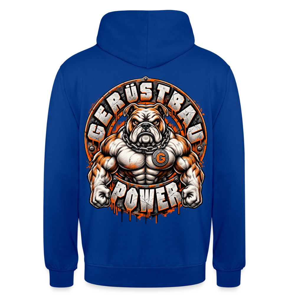 Gerüstbau Power – Gerüstbauer Hoodie in Royalblau, Rückendruck: muskulöse Bulldogge mit Kette und G-Medaillon, Schriftzug „Gerüstbau Power“