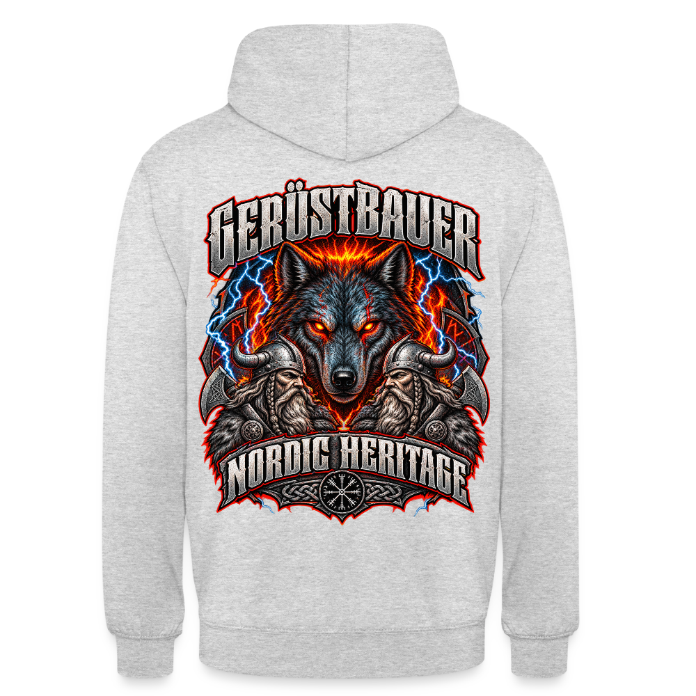 Gerüstbauer Nordic Heritage – Gerüstbauer Hoodie in Hellgrau meliert, Rückendruck: Wolf mit glühenden Augen, Blitze, zwei Wikinger und Schriftzug „Nordic Heritage“