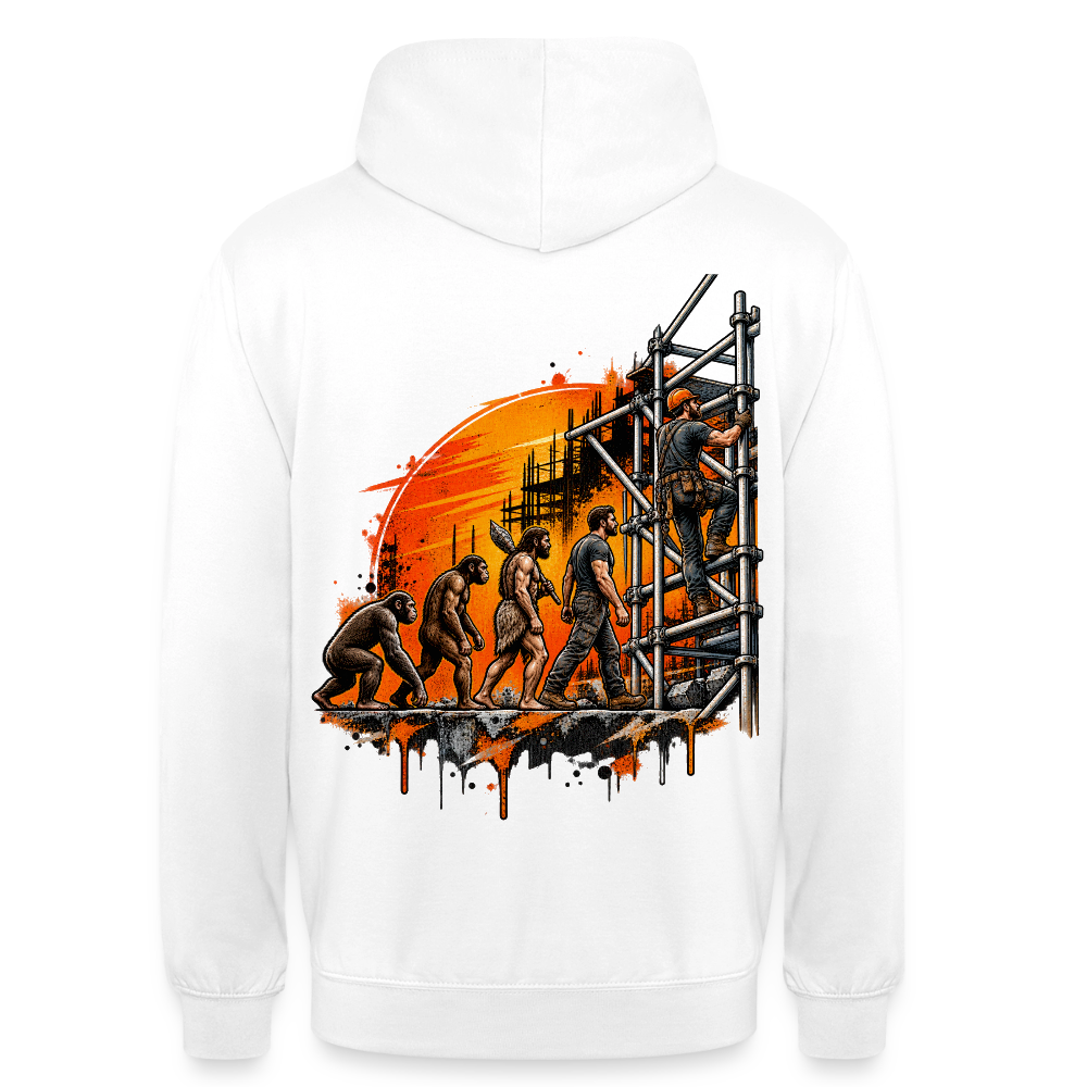 Gerüstbauer Evolution – Gerüstbauer Hoodie in Weiß, Rückendruck: Evolution vom Affen zum Gerüstbauer, der das Gerüst hochklettert, vor orangem Sonnenuntergang