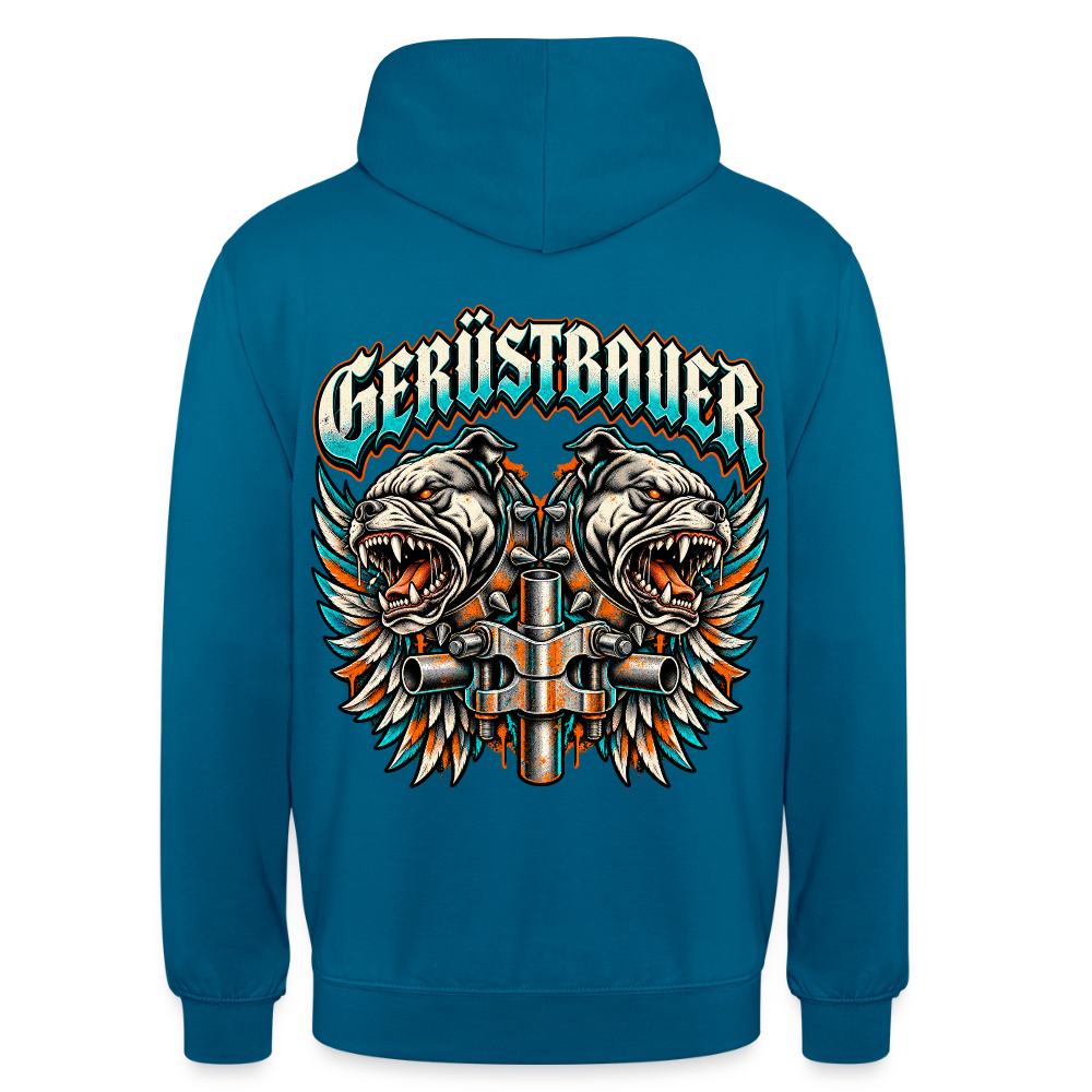 Gerüstbauer Dogs – Gerüstbauer Hoodie in Tiefseeblau, Rückendruck: zwei knurrende Bulldoggen mit Flügeln und Gerüstkupplung, Schriftzug „Gerüstbauer“