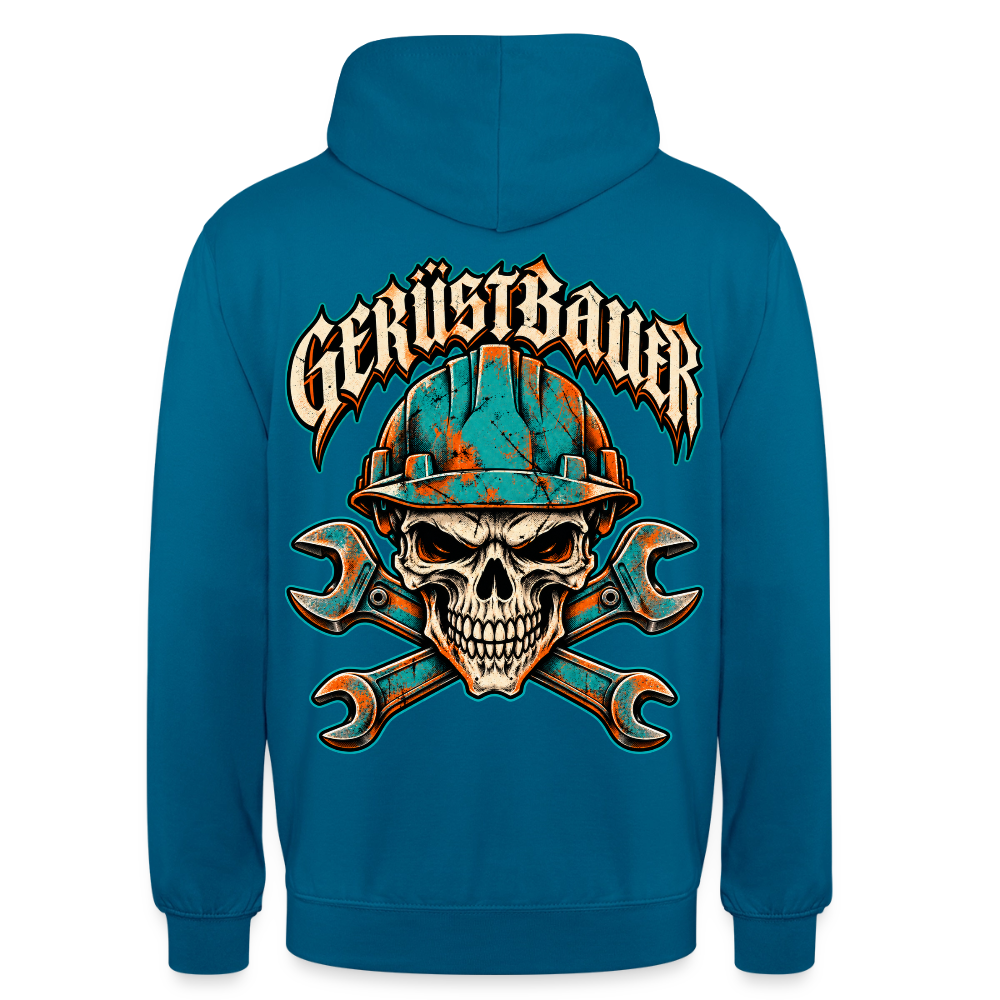 Gerüstbauer Skull – Gerüstbauer Hoodie in Tiefseeblau, Rückendruck: Totenkopf mit türkisem Schutzhelm über gekreuzten Maulschlüsseln, Frakturschrift „Gerüstbauer“