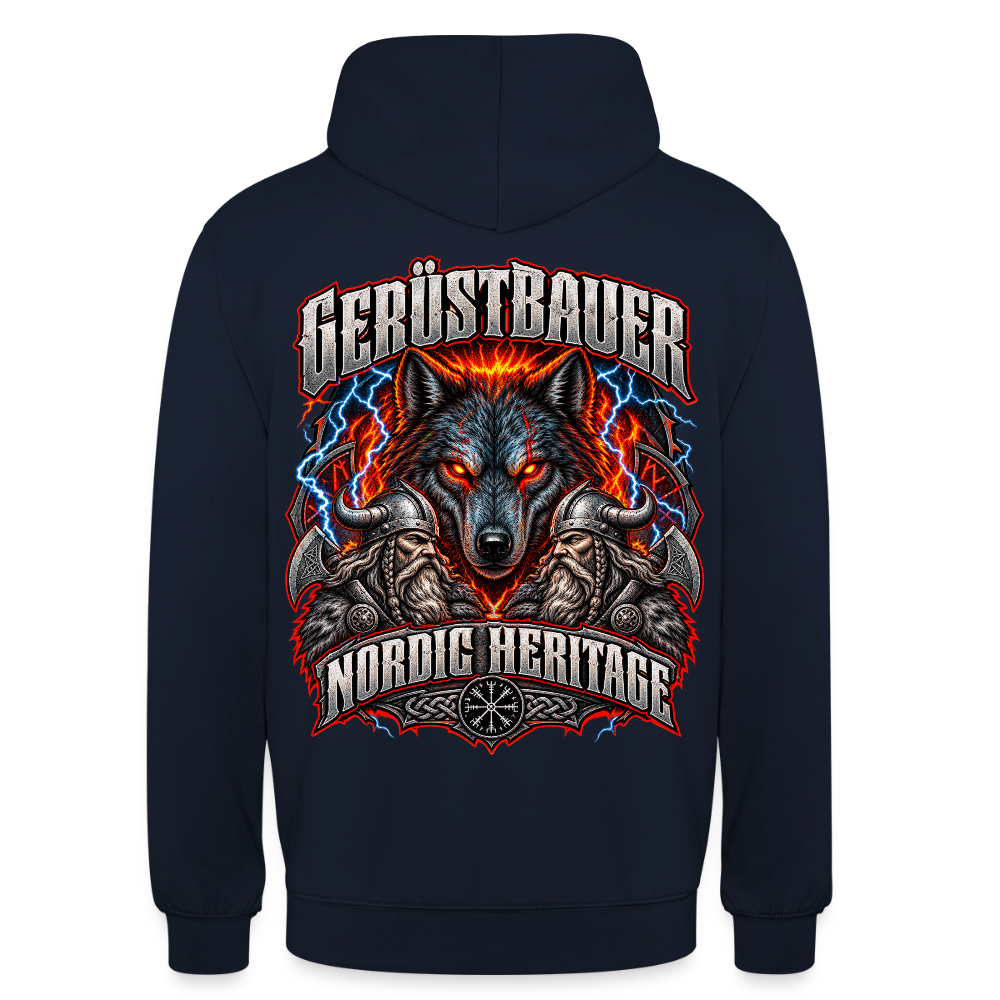 Gerüstbauer Nordic Heritage – Gerüstbauer Hoodie in Navy, Rückendruck: Wolf mit glühenden Augen, Blitze, zwei Wikinger und Schriftzug „Nordic Heritage“