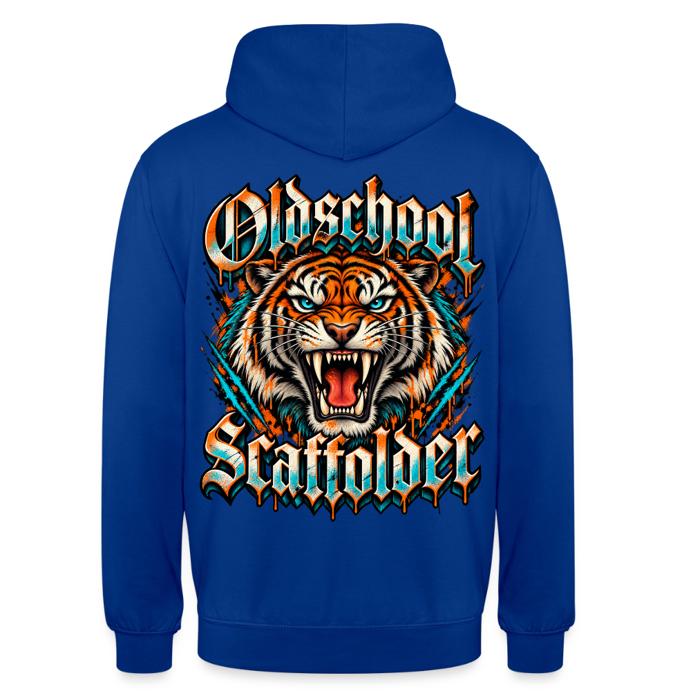 Oldschool Scaffolder – Gerüstbauer Hoodie in Royalblau, Rückendruck: brüllender Tiger, Frakturschrift „Oldschool Scaffolder“