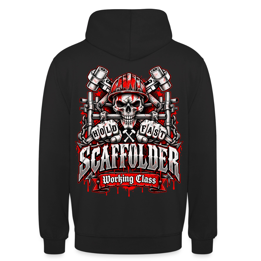 Scaffolder Hold Fast – Gerüstbauer Hoodie in Schwarz, Rückendruck: Totenkopf mit rotem Helm und Gerüstrohr zwischen den Zähnen, Fäuste „Hold Fast“, Banner „Scaffolder – Working Class“