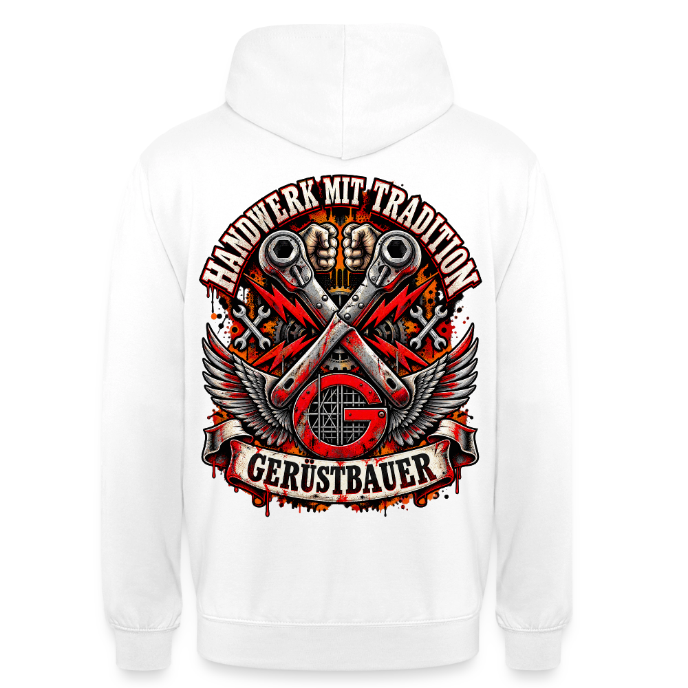 Gerüstbauer Handwerk mit Tradition – Gerüstbauer Hoodie in Weiß, Rückendruck: gekreuzte Ratschen mit Flügeln über rotem G-Zunftzeichen, Schriftzug „Handwerk mit Tradition“ und Banner „Gerüstbauer“