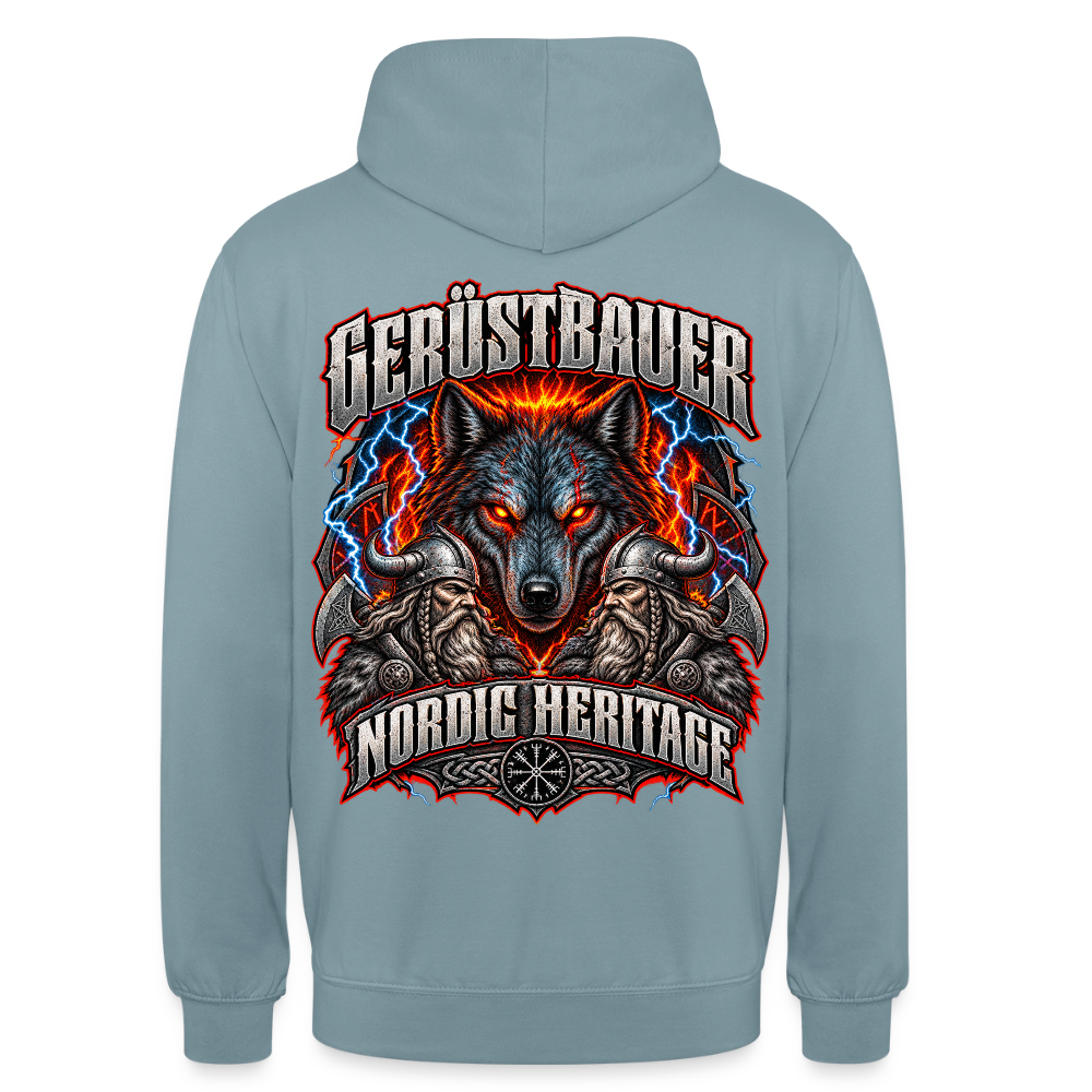 Gerüstbauer Nordic Heritage – Gerüstbauer Hoodie in Nebelblau, Rückendruck: Wolf mit glühenden Augen, Blitze, zwei Wikinger und Schriftzug „Nordic Heritage“