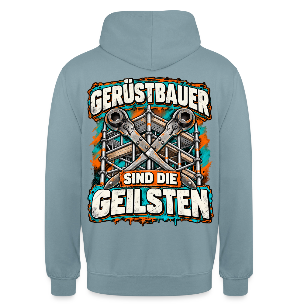 Gerüstbauer sind die Geilsten – Gerüstbauer Hoodie in Nebelblau, Rückendruck: Spruch „Gerüstbauer sind die Geilsten“ mit gekreuzten Ratschen vor Gerüst