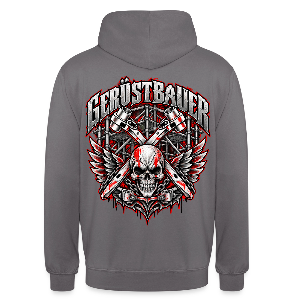 Gerüstbauer Ratsche Schädel – Gerüstbauer Hoodie in Mittelgrau, Rückendruck: geflügelter Totenkopf vor gekreuzten Ratschen und Gerüst, Schriftzug „Gerüstbauer“