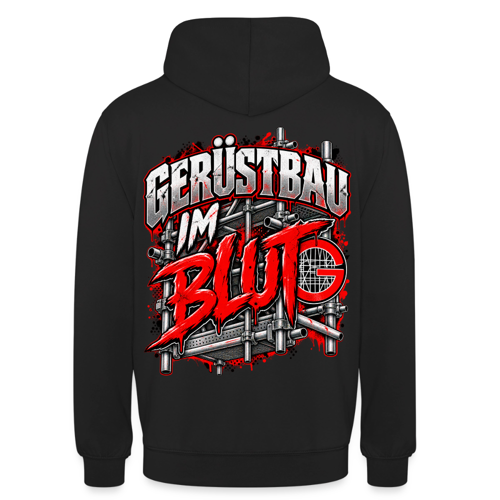 Gerüstbau im Blut – Gerüstbauer Hoodie in Schwarz, Rückendruck: Schriftzug „Gerüstbau im Blut“ vor Gerüst mit rotem G-Zunftzeichen