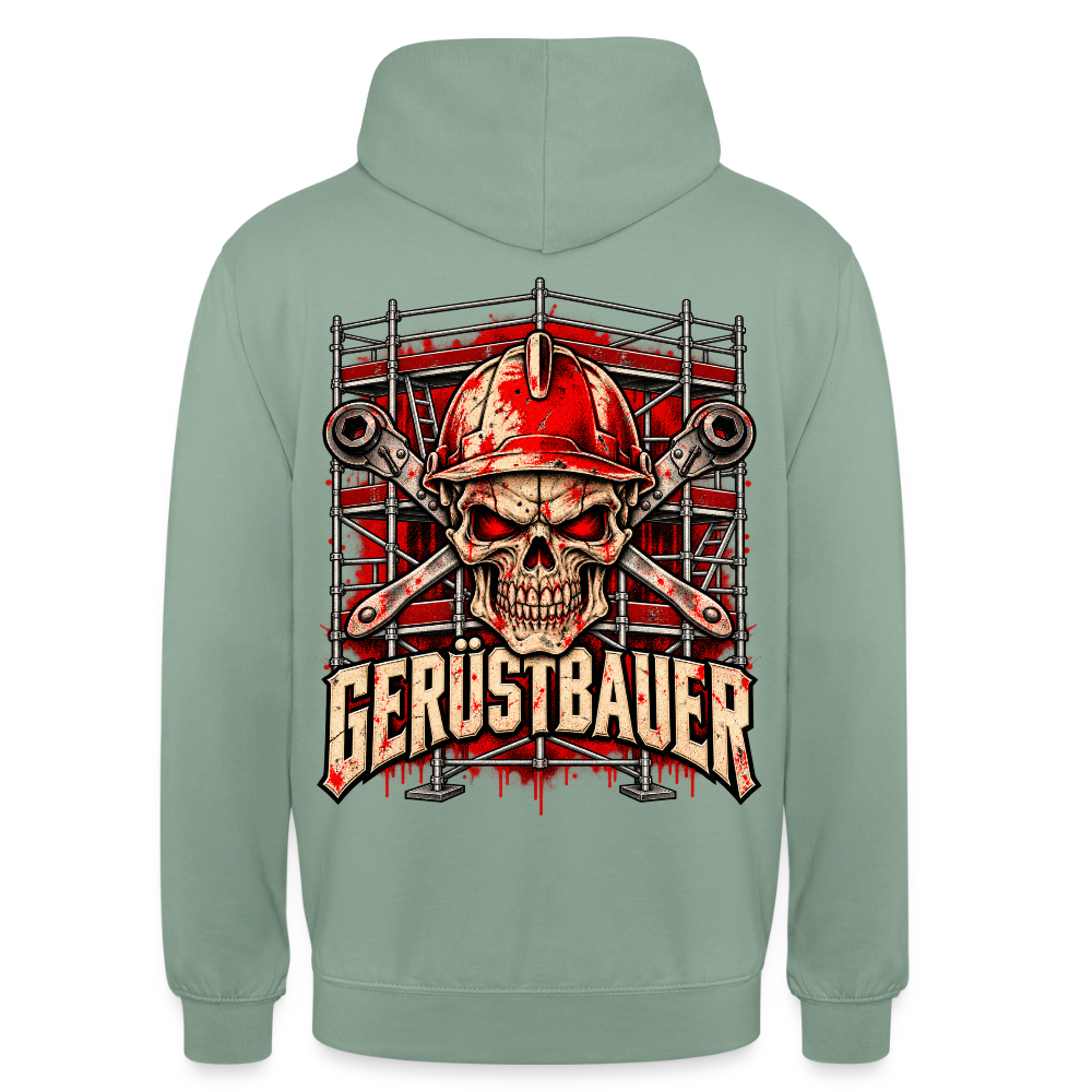 Gerüstbauer – Gerüstbauer Hoodie in Graugrün, Rückendruck: Totenkopf mit rotem Schutzhelm vor gekreuzten Ringschlüsseln und Gerüst, Schriftzug „Gerüstbauer“