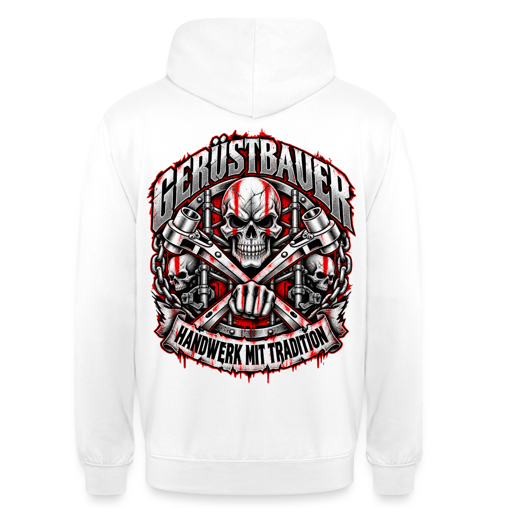 Gerüstbauer Schädel – Gerüstbauer Hoodie in Weiß, Rückendruck: Totenkopf über gekreuzten Ratschen, Faust, Ketten und Banner „Handwerk mit Tradition“