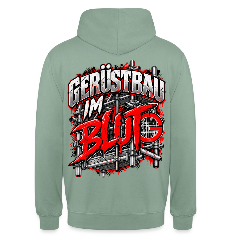 Gerüstbau im Blut – Gerüstbauer Hoodie in Graugrün, Rückendruck: Schriftzug „Gerüstbau im Blut“ vor Gerüst mit rotem G-Zunftzeichen