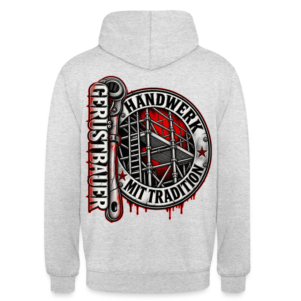 Gerüstbauer Ratsche Badge – Gerüstbauer Hoodie in Hellgrau meliert, Rückendruck: rundes Gerüst-Abzeichen „Handwerk mit Tradition“ und große Ratsche mit Schriftzug „Gerüstbauer“