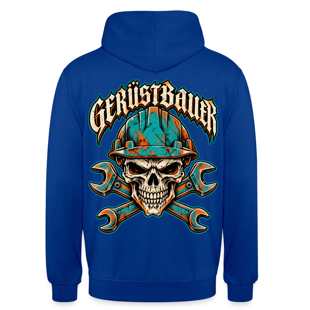 Gerüstbauer Skull – Gerüstbauer Hoodie in Royalblau, Rückendruck: Totenkopf mit türkisem Schutzhelm über gekreuzten Maulschlüsseln, Frakturschrift „Gerüstbauer“