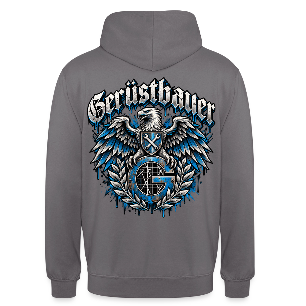 Gerüstbauer Adler Zunftwappen – Gerüstbauer Hoodie in Mittelgrau, Rückendruck: Adler mit Wappenschild über blauem G-Zunftzeichen und Lorbeerkranz, Frakturschrift „Gerüstbauer“