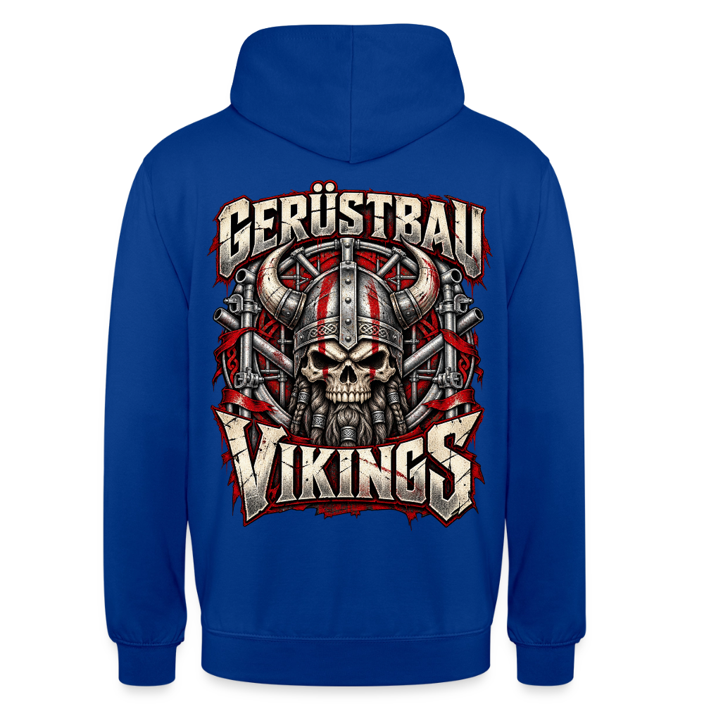Gerüstbau Vikings – Gerüstbauer Hoodie in Royalblau, Rückendruck: Wikinger-Totenkopf mit Hörnerhelm vor Gerüst, Schriftzug „Gerüstbau Vikings“