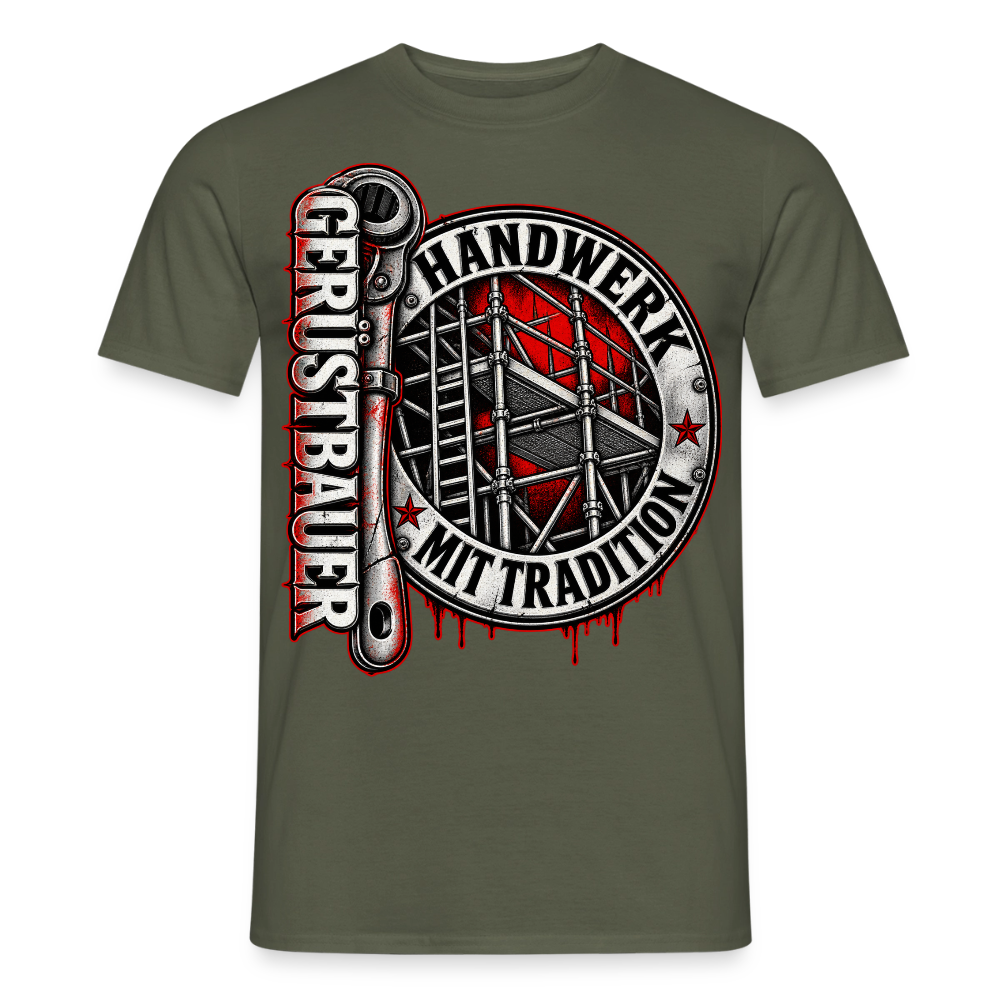 Gerüstbau Handwerk – Gerüstbauer T-Shirt für Männer in Militärgrün: rundes Siegel mit Ratsche, Schriftzug „Gerüstbauer – Handwerk mit Tradition“