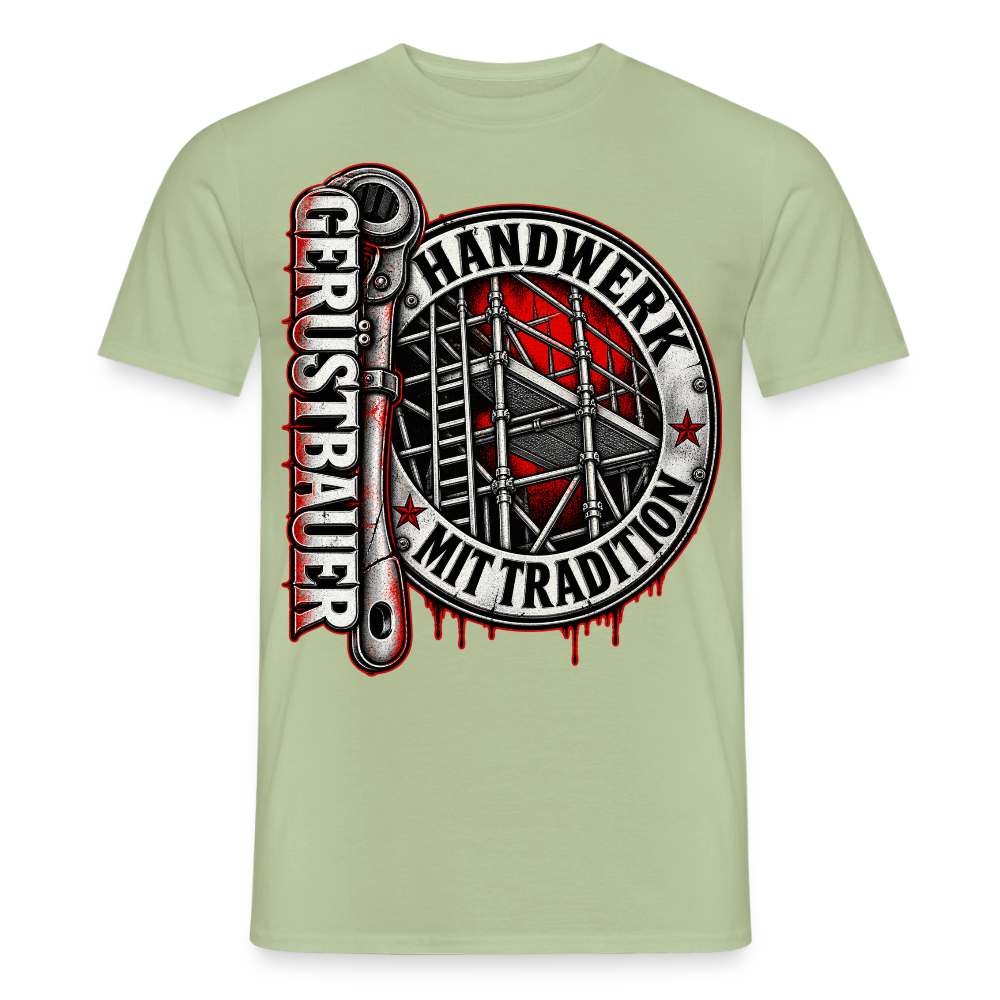 Gerüstbau Handwerk – Gerüstbauer T-Shirt für Männer in Sage: rundes Siegel mit Ratsche, Schriftzug „Gerüstbauer – Handwerk mit Tradition“