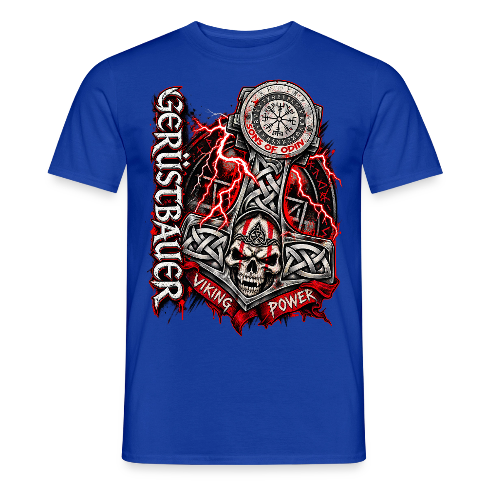 Gerüstbau Viking – Gerüstbauer T-Shirt für Männer in Dunkelblau: Thors Hammer mit keltischem Knoten und Totenkopf, Schriftzug „Viking Power“