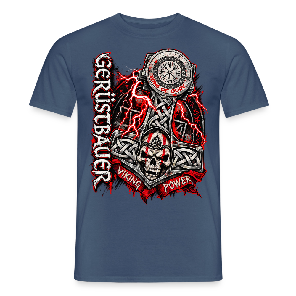 Gerüstbau Viking – Gerüstbauer T-Shirt für Männer in Dunkles Denimblau: Thors Hammer mit keltischem Knoten und Totenkopf, Schriftzug „Viking Power“