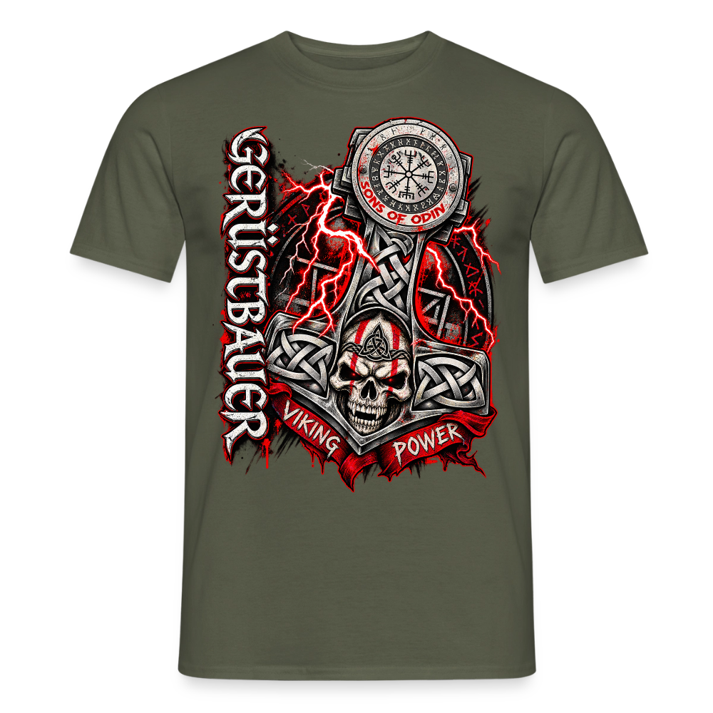Gerüstbau Viking – Gerüstbauer T-Shirt für Männer in Militärgrün: Thors Hammer mit keltischem Knoten und Totenkopf, Schriftzug „Viking Power“
