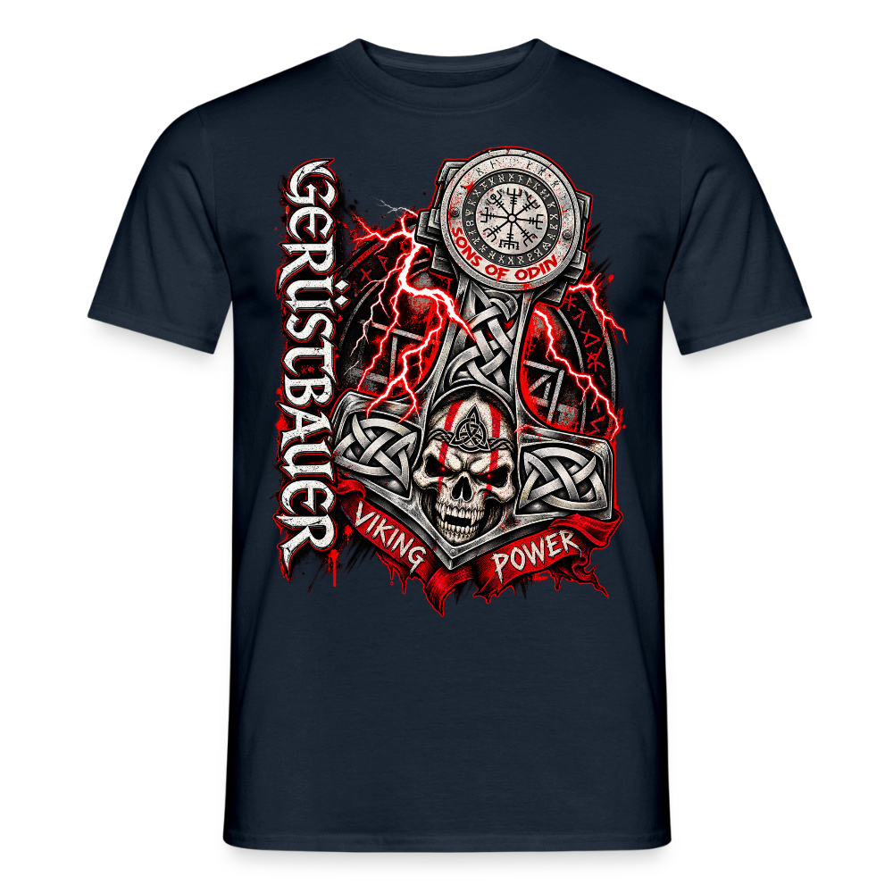 Gerüstbau Viking – Gerüstbauer T-Shirt für Männer in Navy: Thors Hammer mit keltischem Knoten und Totenkopf, Schriftzug „Viking Power“