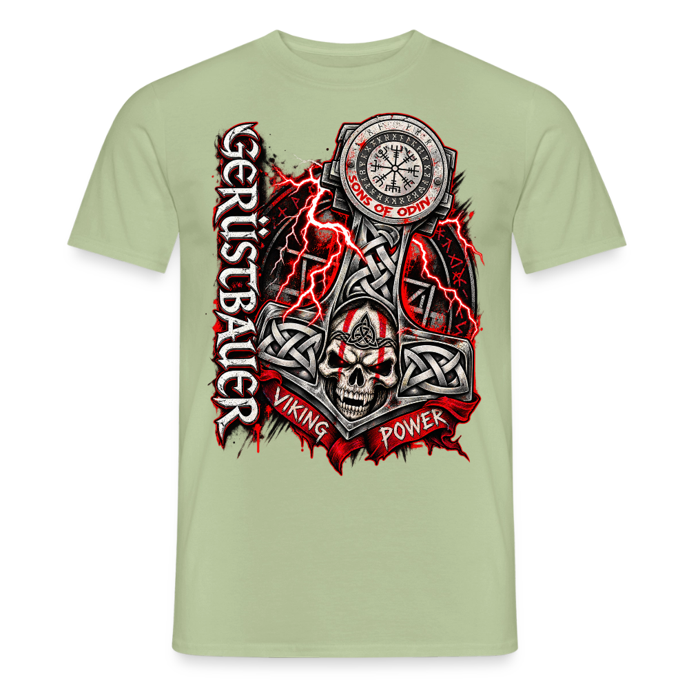 Gerüstbau Viking – Gerüstbauer T-Shirt für Männer in Sage: Thors Hammer mit keltischem Knoten und Totenkopf, Schriftzug „Viking Power“