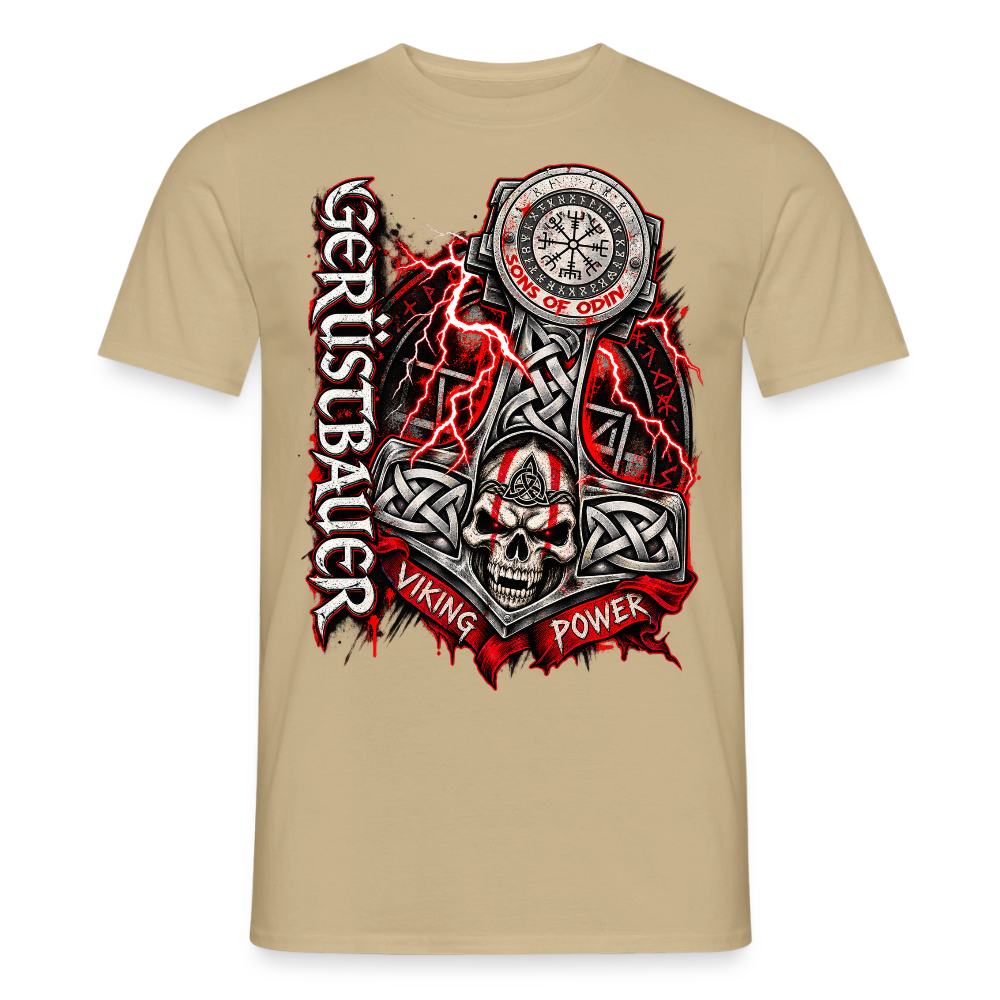 Gerüstbau Viking – Gerüstbauer T-Shirt für Männer in Sandbeige: Thors Hammer mit keltischem Knoten und Totenkopf, Schriftzug „Viking Power“