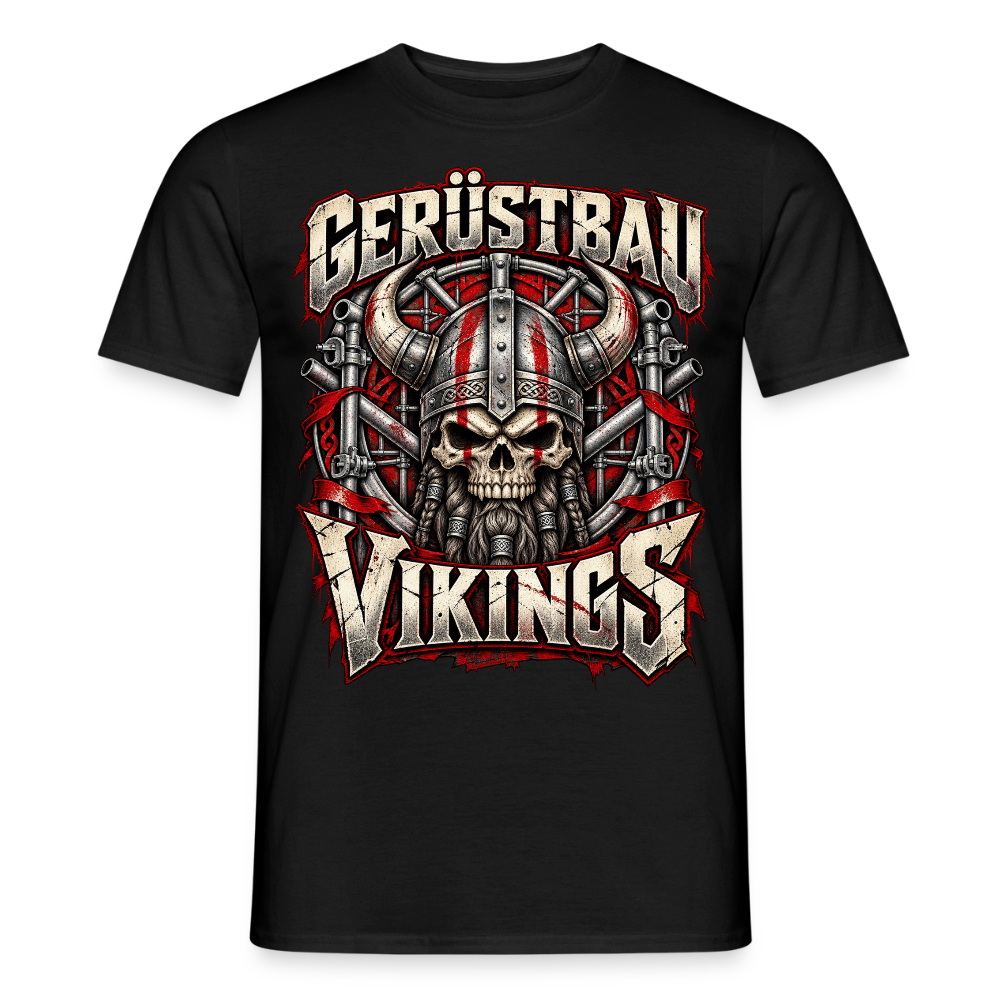 Gerüstbau Vikings – Gerüstbauer T-Shirt für Männer in Schwarz: Wikinger-Schädel mit Hörnerhelm vor Gerüst, Schriftzug Gerüstbau Vikings