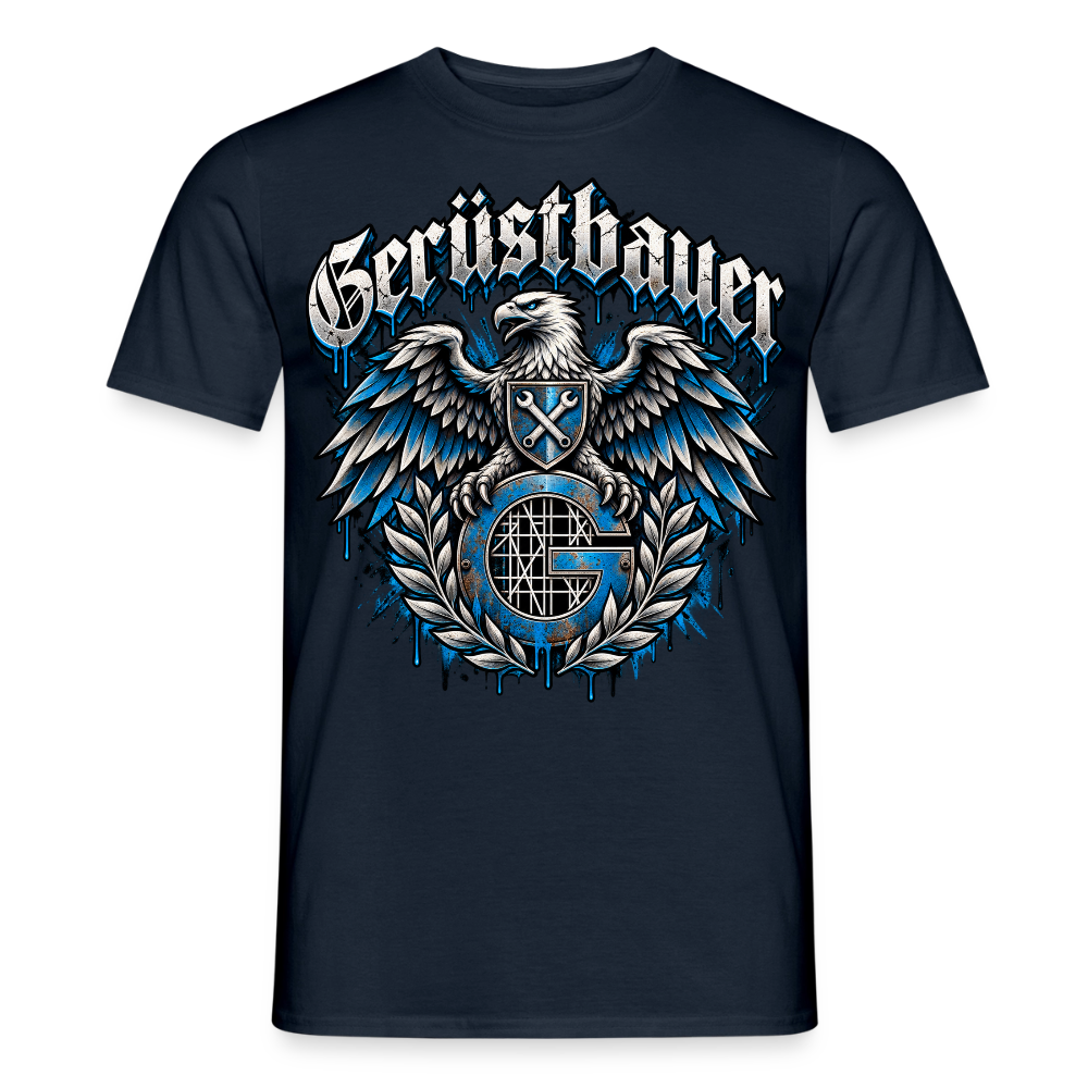 Gerüstbauer Adler – Gerüstbauer T-Shirt für Männer in Navy: blauer Adler mit Gerüstbauer-Emblem und Frakturschrift
