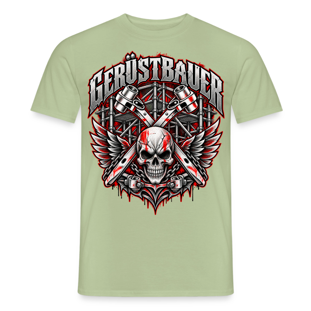 Gerüstbauer Flügel Ratschen – Gerüstbauer T-Shirt für Männer in Sage: geflügelter Totenkopf mit gekreuzten Ratschen vor Gerüst