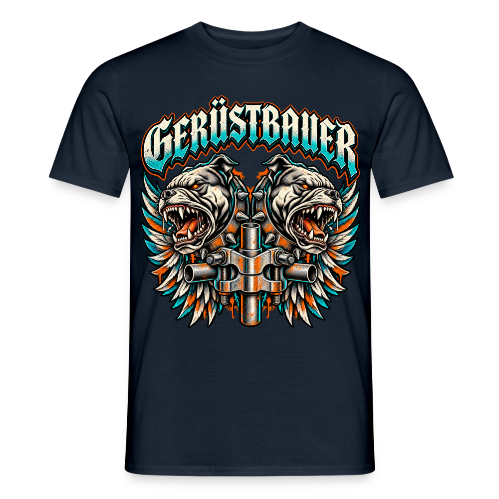 Gerüstbauer Hunde Flügel – Gerüstbauer T-Shirt für Männer in Navy: zwei Kampfhund-Köpfe mit Flügeln und Schriftzug Gerüstbauer