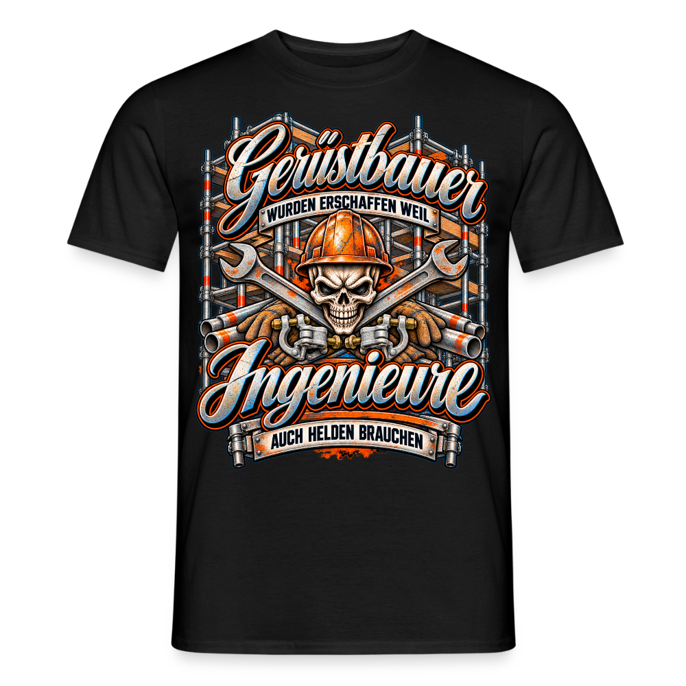 Gerüstbauer Ingenieure – Gerüstbauer T-Shirt für Männer in Schwarz: Totenkopf mit Bauhelm, Spruch „Gerüstbauer wurden erschaffen, weil Ingenieure auch Helden brauchen“