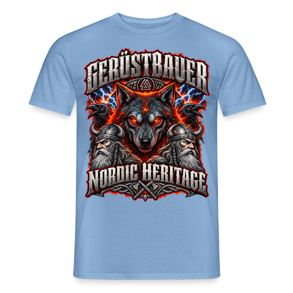 Gerüstbauer Nordic Heritage – Wolf & Blitz – Gerüstbauer T-Shirt für Männer in Carolina Blue: Wolf mit Blitzen, Schriftzug „Gerüstbauer – Nordic Heritage“