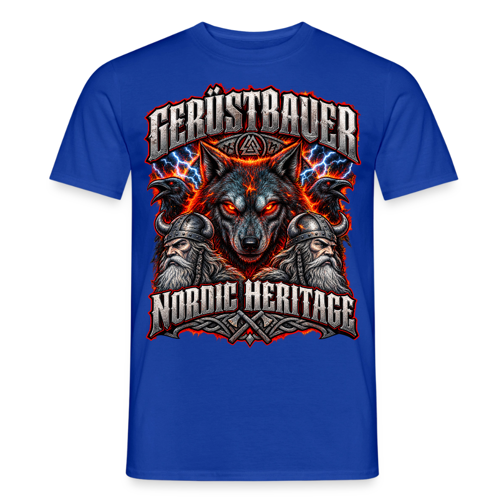 Gerüstbauer Nordic Heritage – Wolf & Blitz – Gerüstbauer T-Shirt für Männer in Dunkelblau: Wolf mit Blitzen, Schriftzug „Gerüstbauer – Nordic Heritage“
