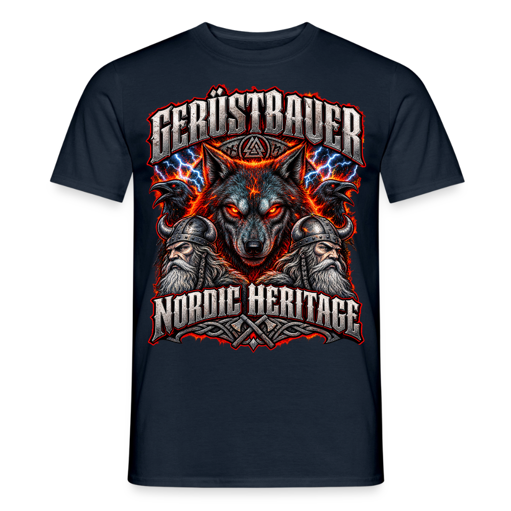 Gerüstbauer Nordic Heritage – Wolf & Blitz – Gerüstbauer T-Shirt für Männer in Navy: Wolf mit Blitzen, Schriftzug „Gerüstbauer – Nordic Heritage“