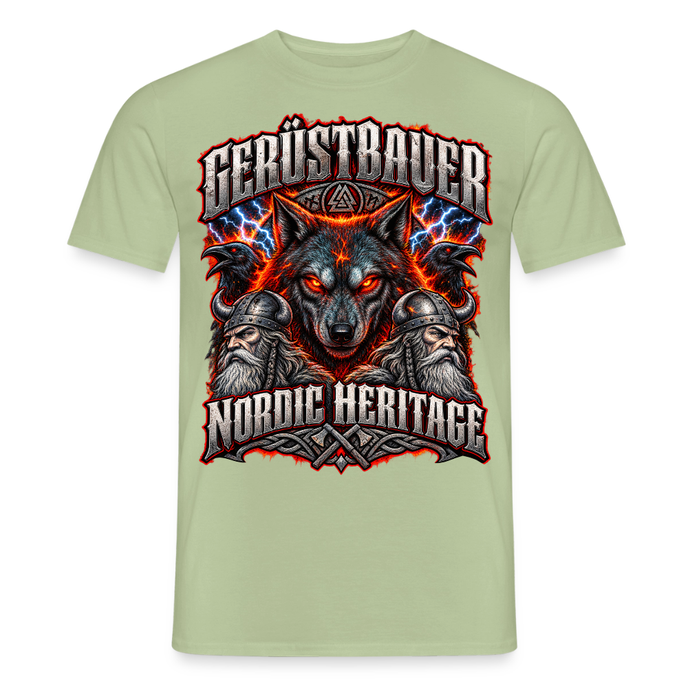 Gerüstbauer Nordic Heritage – Wolf & Blitz – Gerüstbauer T-Shirt für Männer in Sage: Wolf mit Blitzen, Schriftzug „Gerüstbauer – Nordic Heritage“